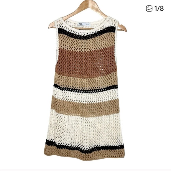 Zara Crochet Striped Sleeveless Top Brown Womens M Sheer Granny Tank - Picture 1 of 8
